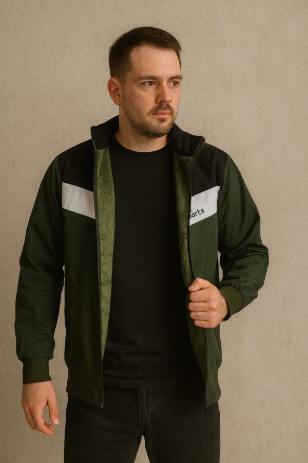 Men’s Sports Zipper Jacket – Black, White & Dark Green