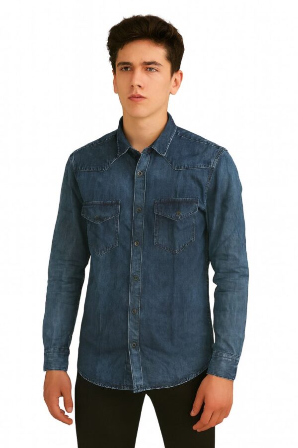 Men’s Denim Shirt – Dark Blue Casual Long Sleeve