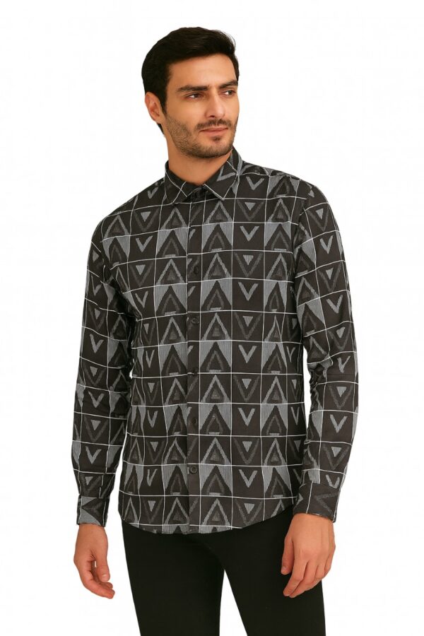 Men’s Black Printed Long Sleeve Shirt – Geometric Grid & Triangle Pattern